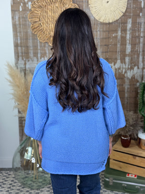 Short Sleeve Large Knit Sweater - Periwinkle Blue (Small - 3X)