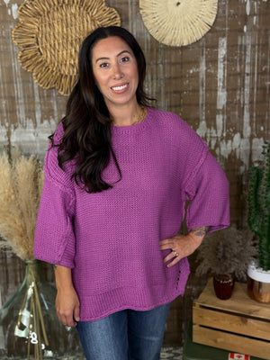 Short Sleeve Large Knit Sweater - Orchid