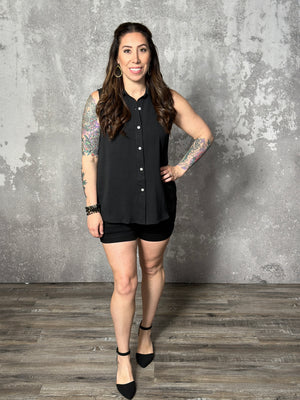 Collared Button Up Airflow Tank - Black (Small - 3X)-FINAL SALE