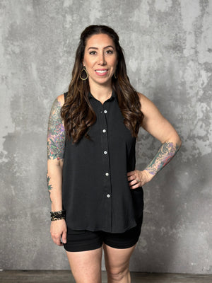 Collared Button Up Airflow Tank - Black (Small - 3X)-FINAL SALE