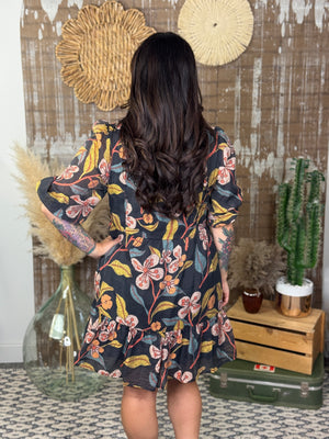 Brown 3/4 Sleeve Fall Floral Dress