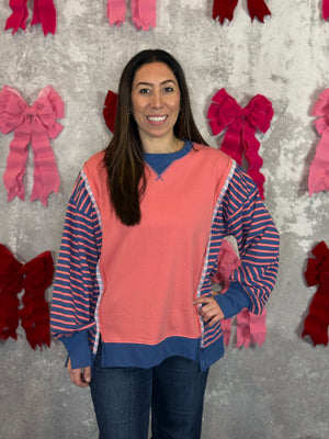 Coral/Blue Stripe Sleeve Sweatshirt