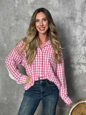 Pink Gingham Long Sleeve with Lace Detail