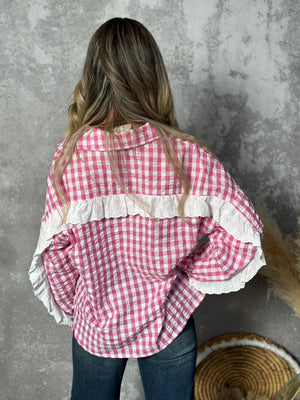 Pink Gingham Long Sleeve with Lace Detail