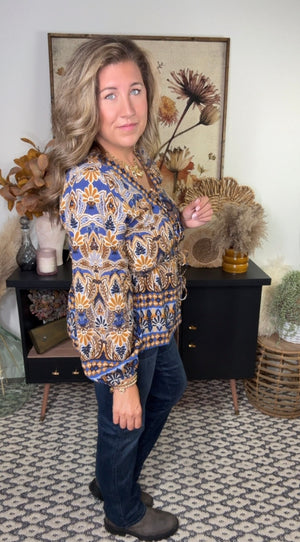 Blue/Brown/Mustard Patterned Top/Kimono (Small - 3X)