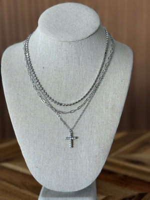 Silver Three Layer Cross Necklace