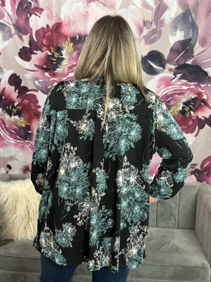 The Wrinkle Free Button Detail Black/White/Teal Cardigan- (Small - 3X)