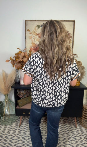 Cream/Black Geo Print Top with Camel Accent (Small - 2X)