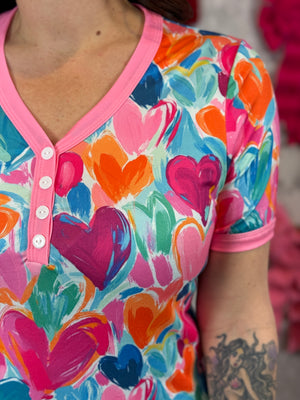 Buttery Shirley Short Sleeve Lounge Sets - Watercolor Hearts - (Small - 3X)