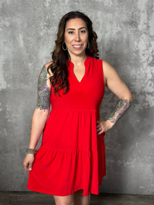 Lizzie Wrinkle Free Tiered Ruffle Dress - Red (Small - 3X)