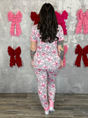 Buttery Shirley Short Sleeve Lounge Sets - Leopard Bow - (Small - 3X)
