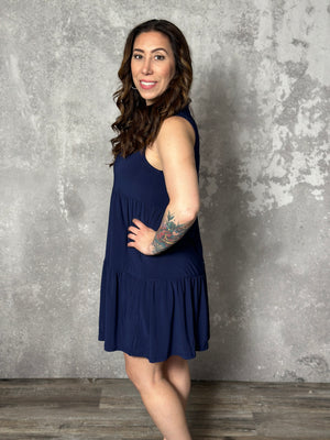 Lizzie Wrinkle Free Tiered Ruffle Dress - Navy (Small - 3X)