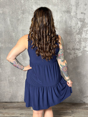 Lizzie Wrinkle Free Tiered Ruffle Dress - Navy (Small - 3X)