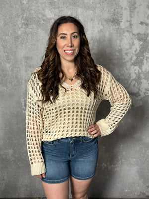 Cream Fishnet Vneck Sweater Top