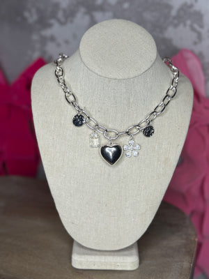 Chunky Heart Charm Necklace - Silver