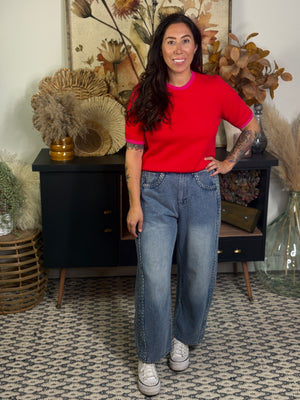 Red Short Sleeve Knit Sweater with Pink Trim