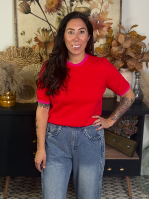 Red Short Sleeve Knit Sweater with Pink Trim