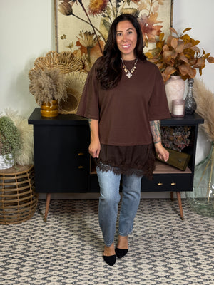 Oversized Tee with Angled Satin Lace Bottom Detail - Brown (Small - 3X)