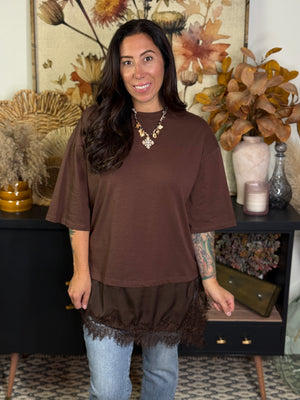 Oversized Tee with Angled Satin Lace Bottom Detail - Brown (Small - 3X)