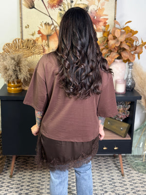 Oversized Tee with Angled Satin Lace Bottom Detail - Brown (Small - 3X)