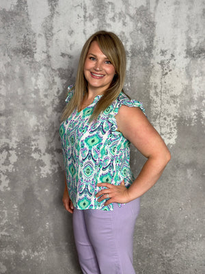 Ruffle Sleeve Purple/Mint Print Top (Small - 2X)