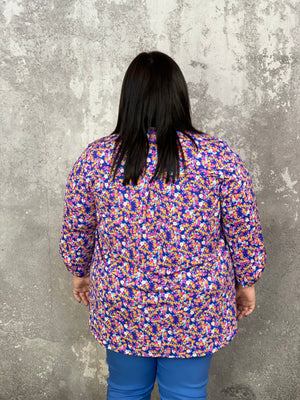 The Wrinkle Free Lizzie Top - Blue Multi Floral  (Small - 3X)