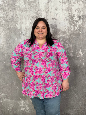 The Wrinkle Free Lizzie Top - Mint with Bright Neon Floral  (Small - 3X)