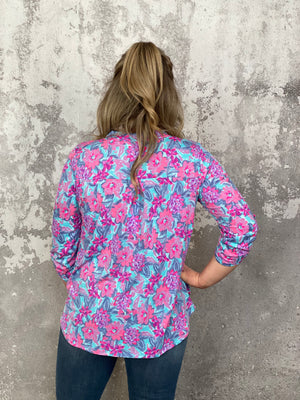 The Wrinkle Free Lizzie Top - Blue with Bright Neon Floral  (Small - 3X)