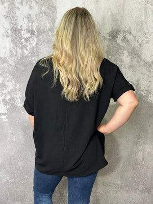 Black Shift Vneck Top with Pearl Like button detail  (Small - 3X) RESTOCK