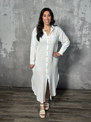Gauze Button Up Dress/Duster - White