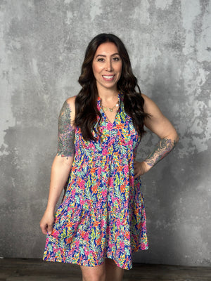 Lizzie Wrinkle Free Tiered Printed Ruffle Dress - Blue Ditsy Floral (Small - 3X)