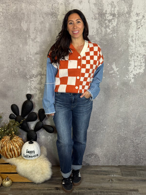 Checker Denim Sleeve Sweater