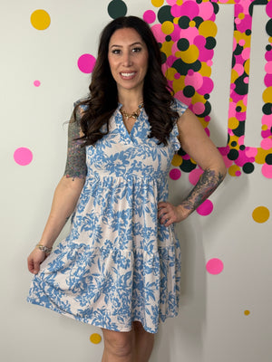 Lizzie Wrinkle Free Ruffle Tank Dress - Blue Floral (Small - 3X)