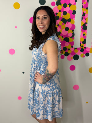 Lizzie Wrinkle Free Ruffle Tank Dress - Blue Floral (Small - 3X)