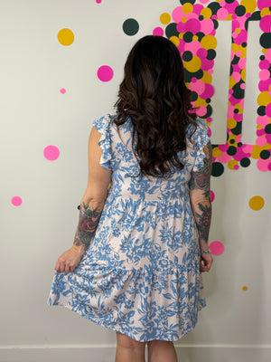 Lizzie Wrinkle Free Ruffle Tank Dress - Blue Floral (Small - 3X)