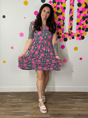 Lizzie Wrinkle Free Ruffle Tank Dress - Floral Green/Pink (Small - 3X)
