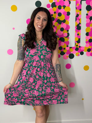 Lizzie Wrinkle Free Ruffle Tank Dress - Floral Green/Pink (Small - 3X)