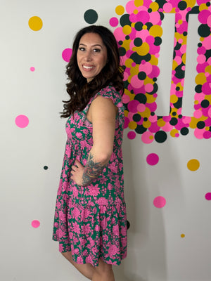 Lizzie Wrinkle Free Ruffle Tank Dress - Floral Green/Pink (Small - 3X)