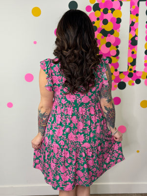 Lizzie Wrinkle Free Ruffle Tank Dress - Floral Green/Pink (Small - 3X)