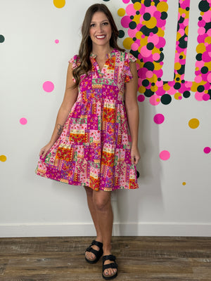 Lizzie Wrinkle Free Ruffle Tank Dress - Floral Patchwork (Small - 3X)