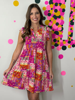 Lizzie Wrinkle Free Ruffle Tank Dress - Floral Patchwork (Small - 3X)