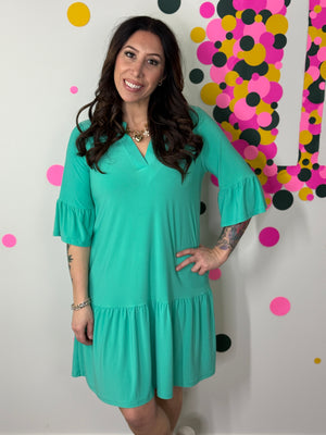 Lizzie Wrinkle Free Ruffle Raelynn Dress - Emerald (Small - 3X)