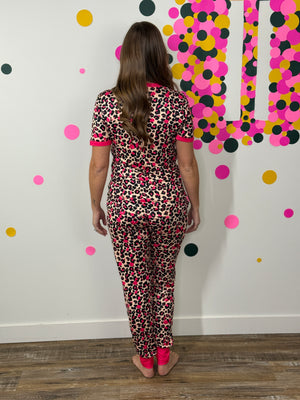 Buttery Shirley Short Sleeve Lounge Sets - Leopard Fuchsia - (Small - 3X)