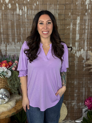 The Solid Wrinkle Free Ruched 3/4 Sleeve Lizzie Top - Orchid (Small - 3X)