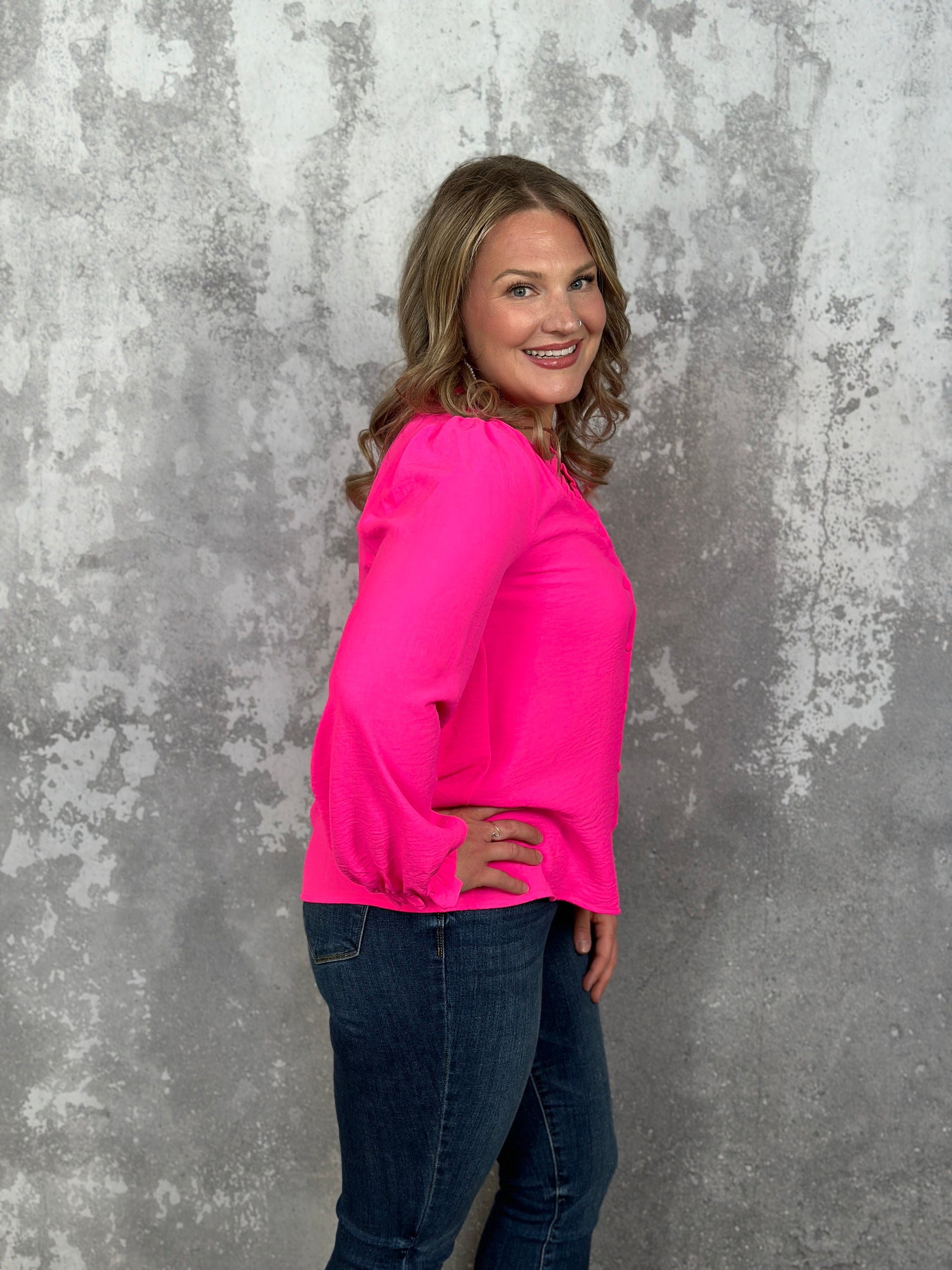 Pink Ruffle Detail Vneck Blouse - Small - 3X