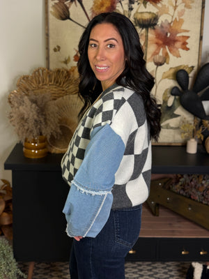 Grey Checker Denim Sleeve Sweater