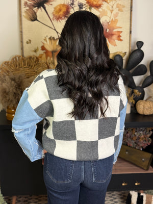 Grey Checker Denim Sleeve Sweater