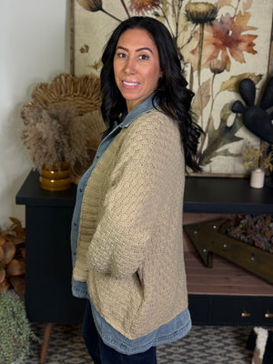 Sweater Cardigan with Denim Collar and Trim