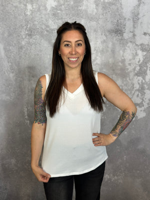 Ribbed Vneck Tank - White