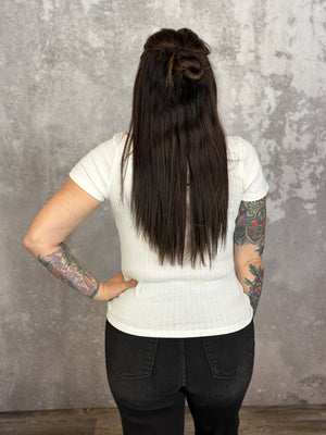 Ribbed Short Sleeve Button Detail Tee - White (Small - 2X)